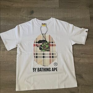 Bape White Tee with Plaid and Camo Logo